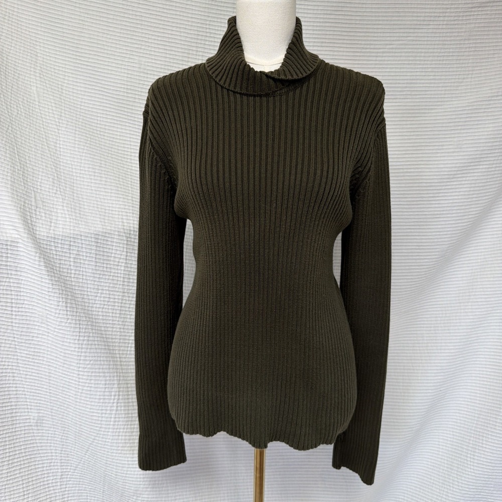 Lauren Ralph Lauren Women Sweater Ribbed Knit Olive Green Shawl Collar Cotton